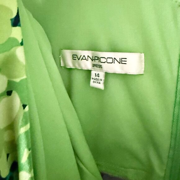 NWT Evan Picone Sleeveless Satin A-Line Dress in Green Multi Abstract - Size 14 - Picture 7 of 8